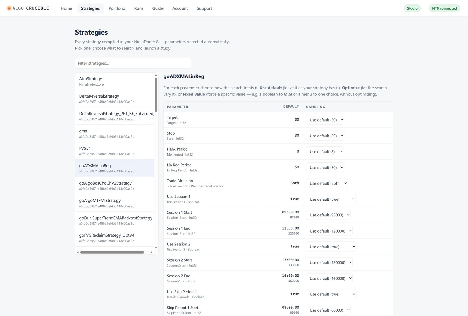 Strategies tab with the strategy list and parameter grid
