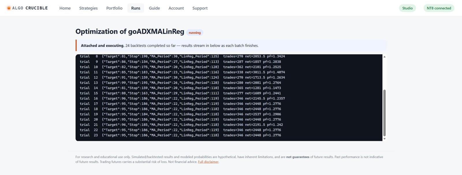 Optimization running with live trial results