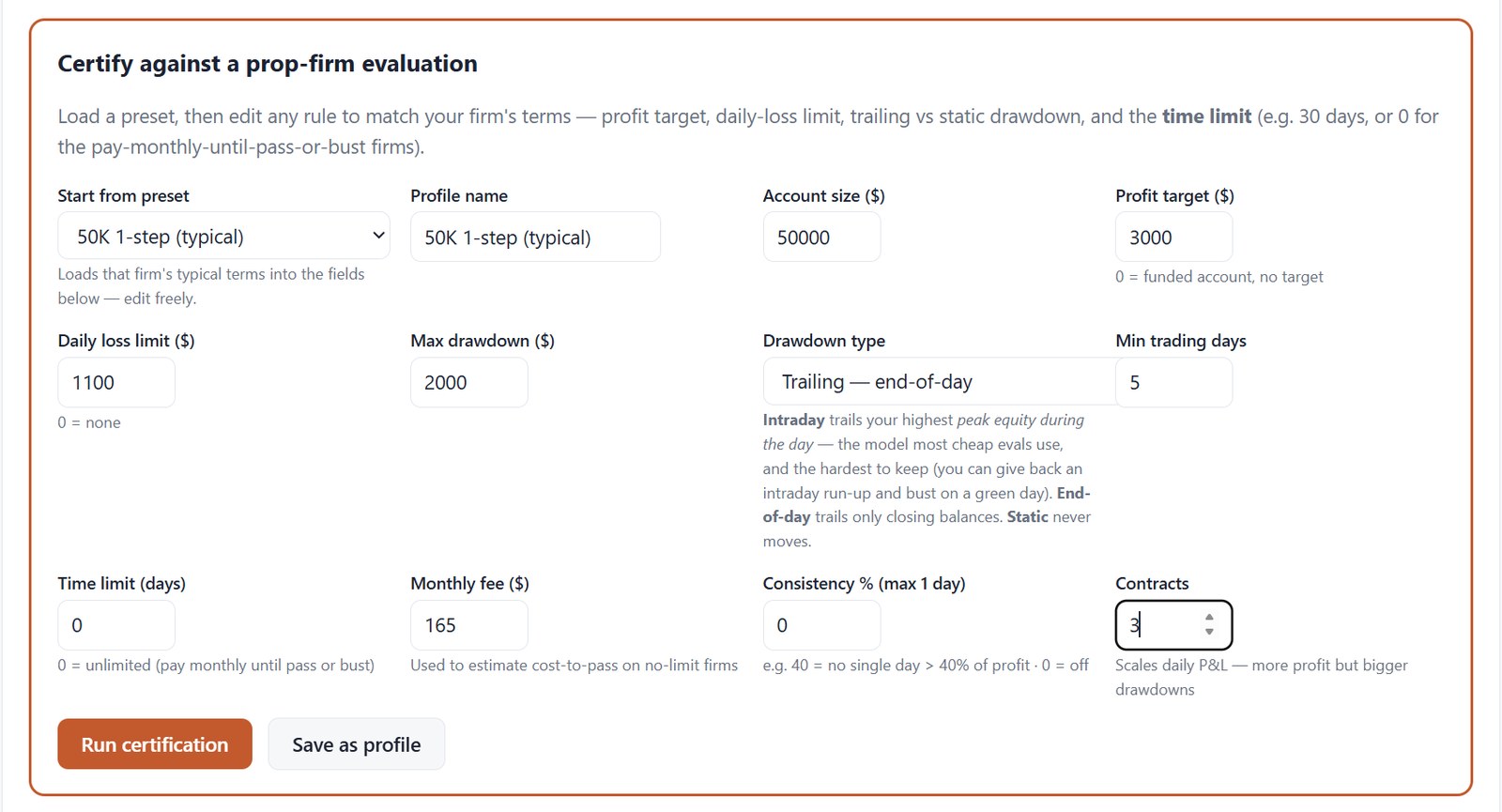 Certification configuration form with prop-firm rules